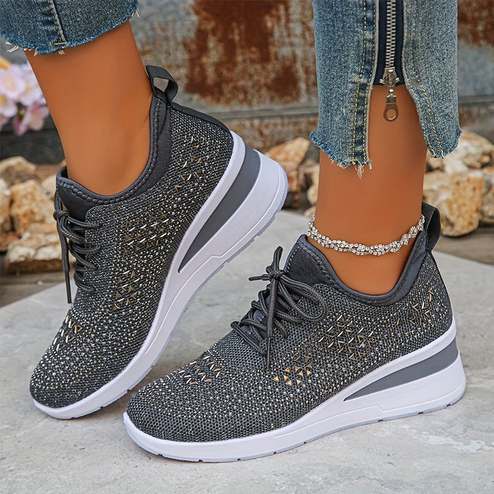 Women's Rhinestone Knit Wedge Sneakers Lace-Up Cushioned Comfort Walking