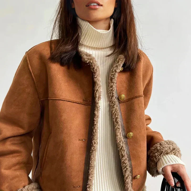 Women's Brown Faux Shearling Suede Jacket Button-Up Stand Collar Winter