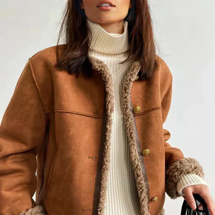 Women's Brown Faux Shearling Suede Jacket Button-Up Stand Collar Winter