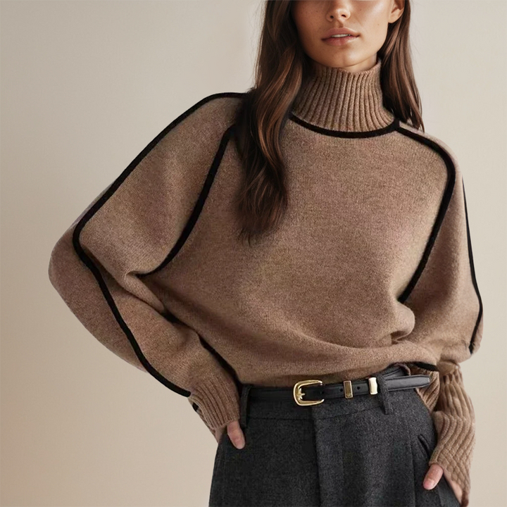 Women's Ribbed Turtleneck Sweater Contrast Piping Long-Sleeve Relaxed Knit Pullover
