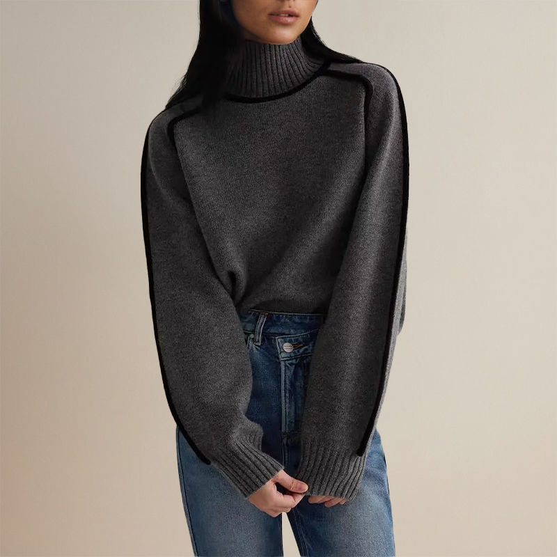 Women's Ribbed Turtleneck Sweater Contrast Piping Long-Sleeve Relaxed Knit Pullover