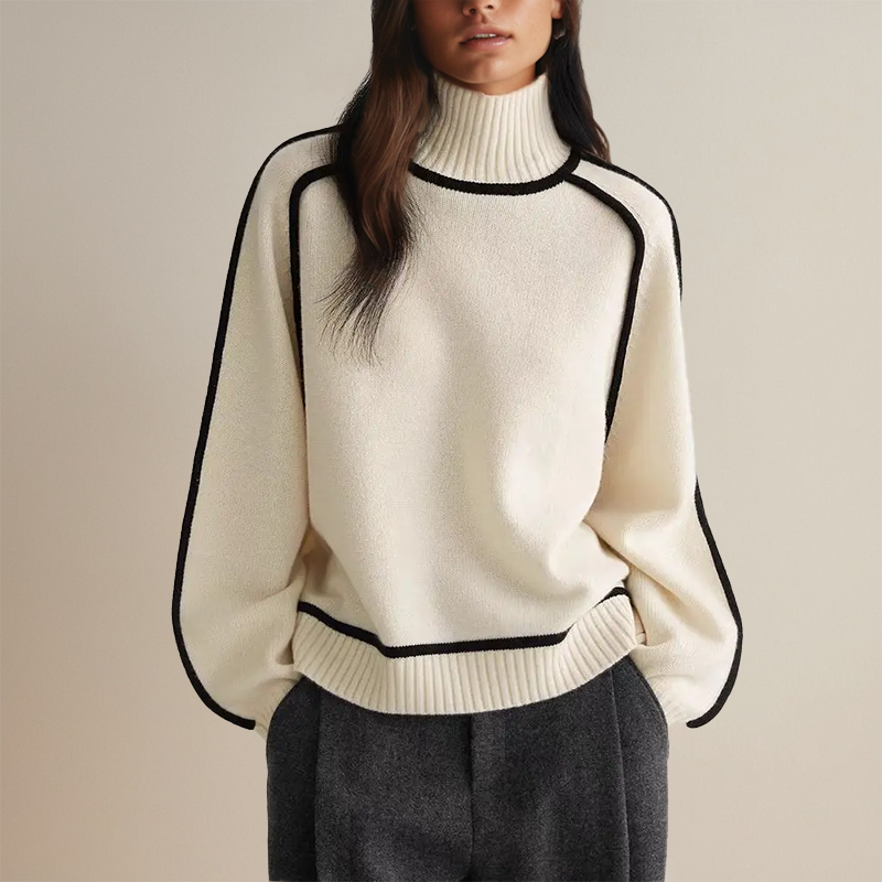 Women's Ribbed Turtleneck Sweater Contrast Piping Long-Sleeve Relaxed Knit Pullover
