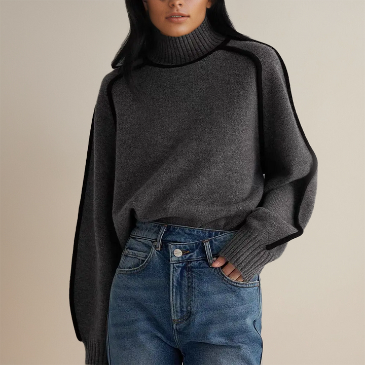 Women's Ribbed Turtleneck Sweater Contrast Piping Long-Sleeve Relaxed Knit Pullover