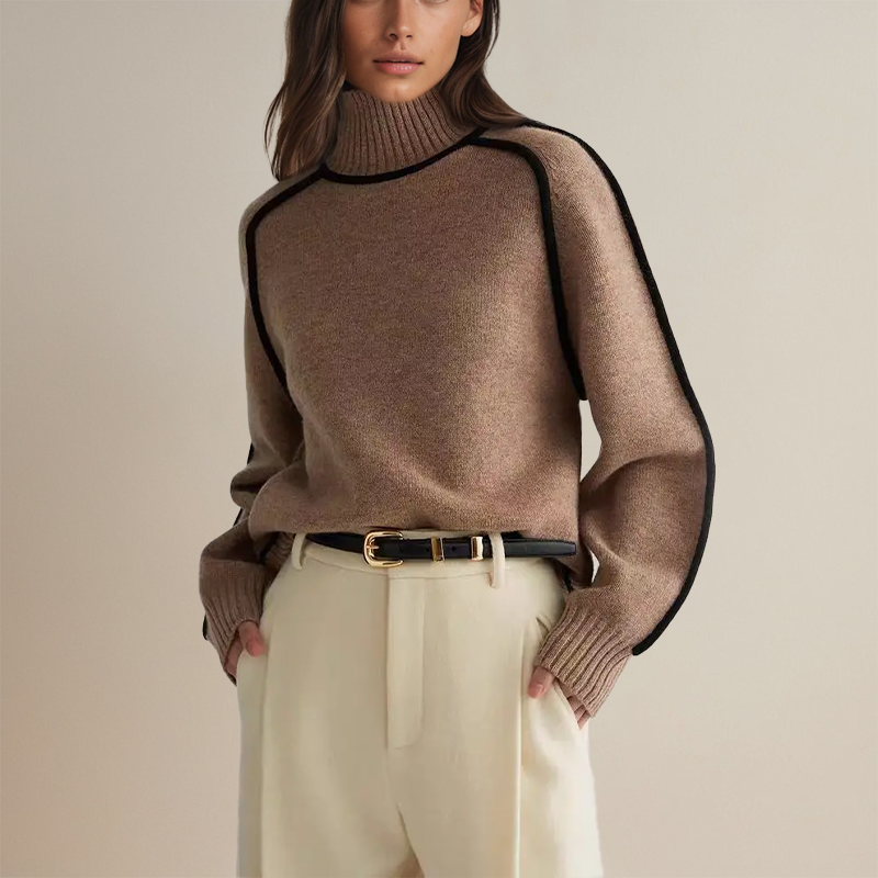 Women's Ribbed Turtleneck Sweater Contrast Piping Long-Sleeve Relaxed Knit Pullover