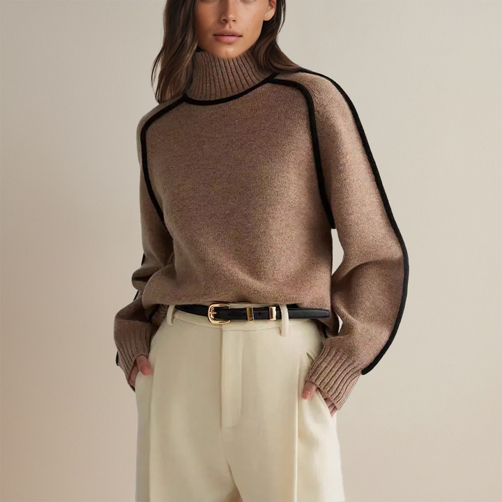 Women's Ribbed Turtleneck Sweater Contrast Piping Long-Sleeve Relaxed Knit Pullover