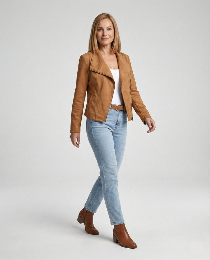 Women's Moto Biker Jacket Asymmetric Zip Notch Lapel Tailored Cropped