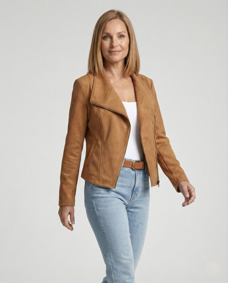 Women's Moto Biker Jacket Asymmetric Zip Notch Lapel Tailored Cropped