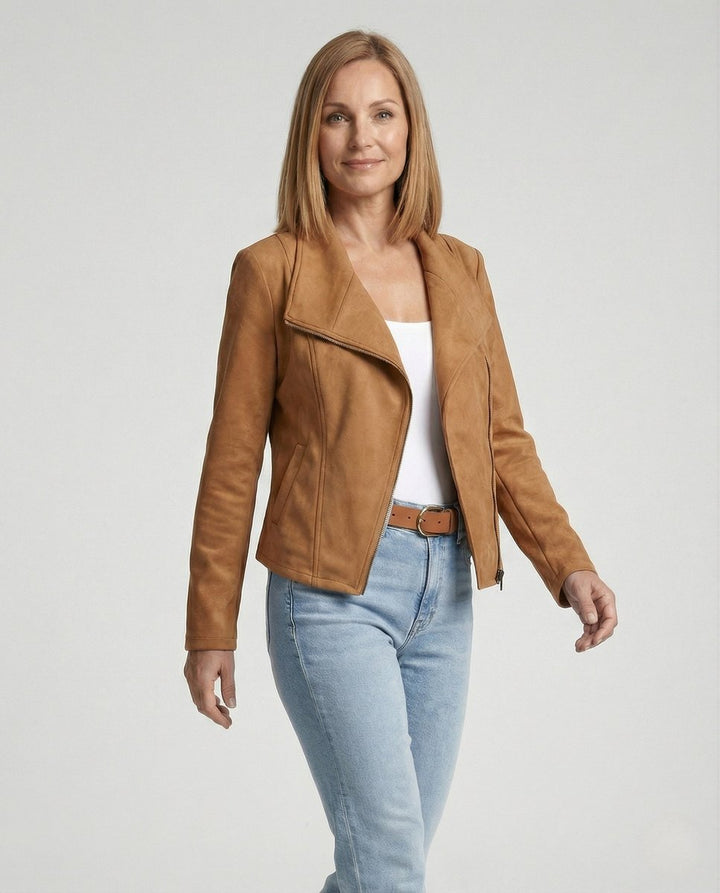 Women's Moto Biker Jacket Asymmetric Zip Notch Lapel Tailored Cropped