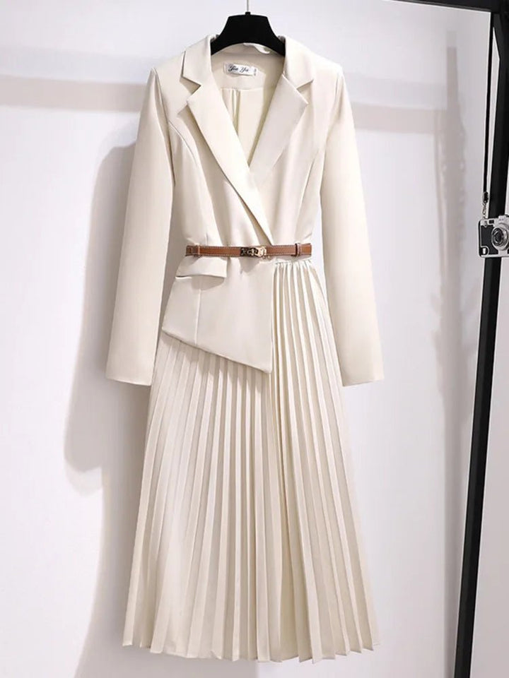 Women's Blazer Midi Dress Notch Lapel Belted Pleated-Skirt Tailored Elegant