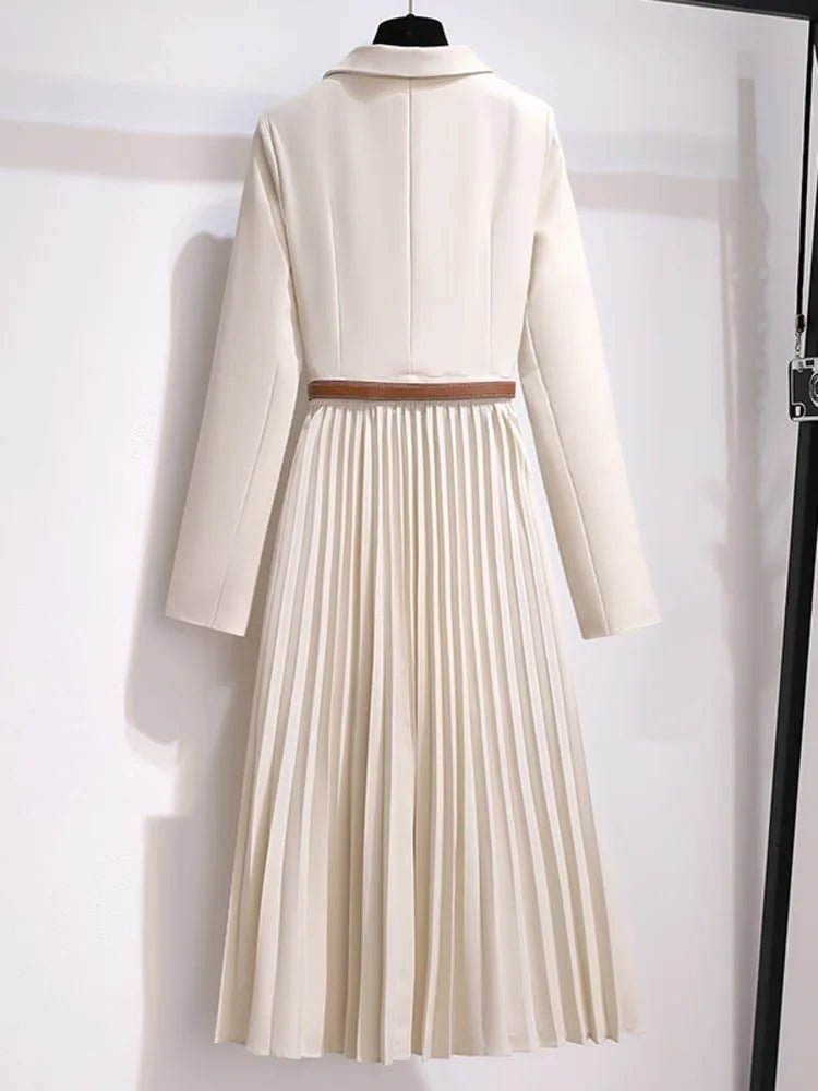 Women's Blazer Midi Dress Notch Lapel Belted Pleated-Skirt Tailored Elegant