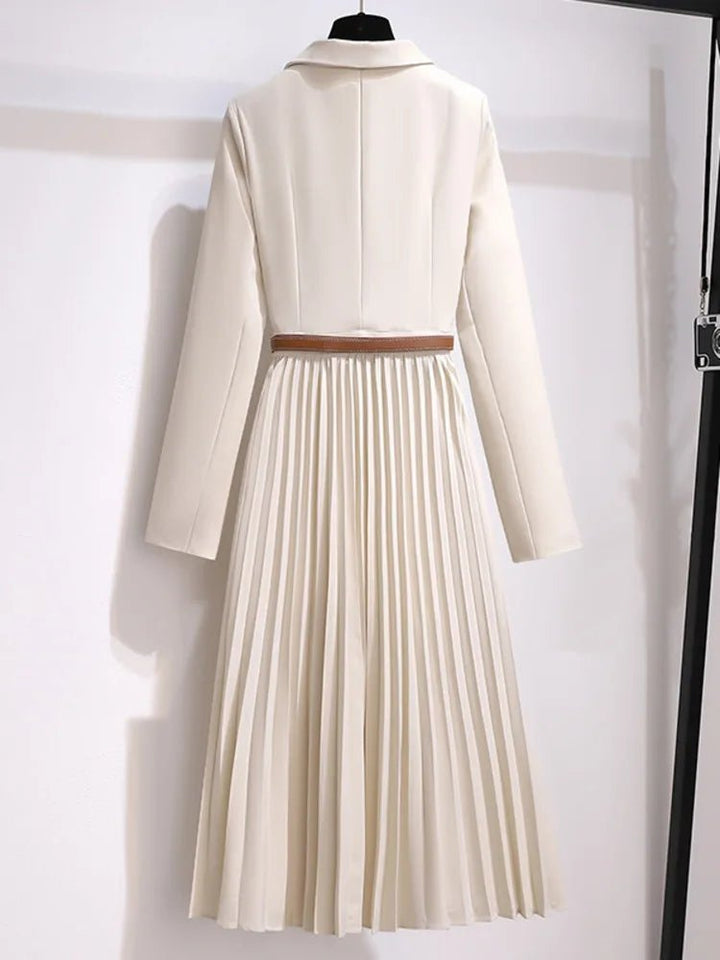 Women's Blazer Midi Dress Notch Lapel Belted Pleated-Skirt Tailored Elegant