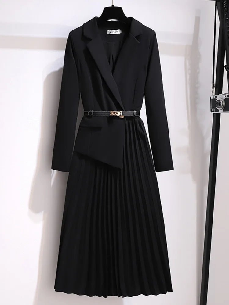 Women's Blazer Midi Dress Notch Lapel Belted Pleated-Skirt Tailored Elegant