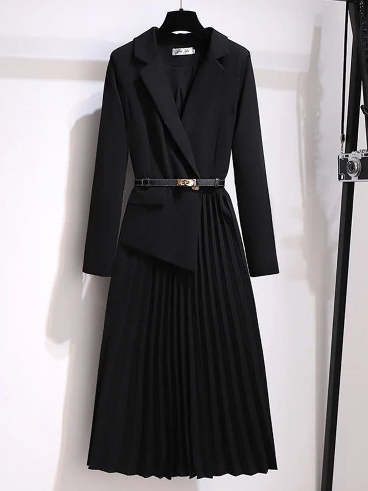 Women's Blazer Midi Dress Notch Lapel Belted Pleated-Skirt Tailored Elegant