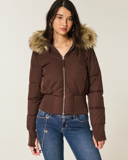 Women's Cropped Faux Fur Hood Quilted Puffer Jacket Zip-Up Winter Coat