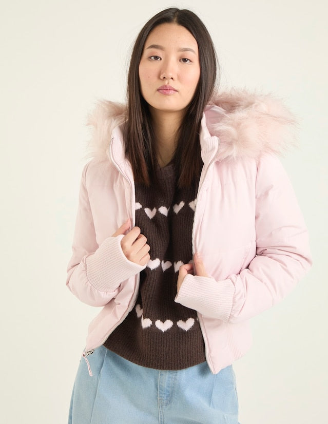 Women's Cropped Faux Fur Hood Quilted Puffer Jacket Zip-Up Winter Coat