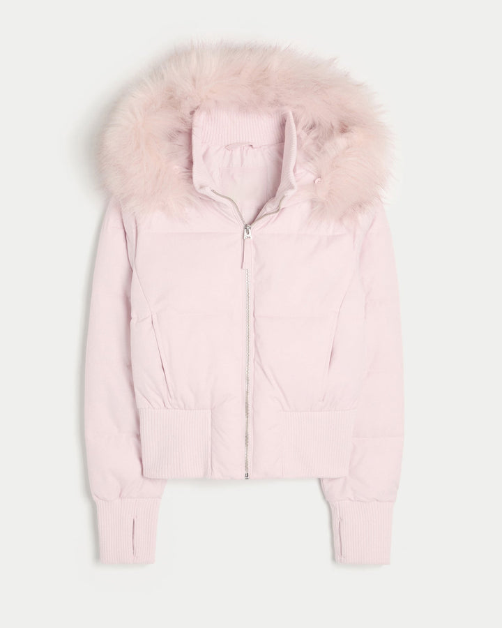 Women's Cropped Faux Fur Hood Quilted Puffer Jacket Zip-Up Winter Coat