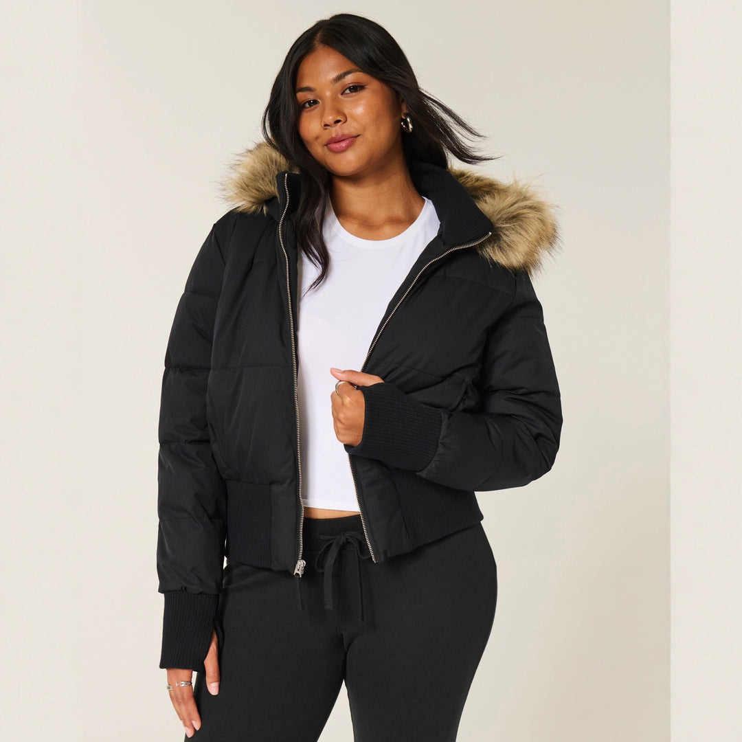 Women's Cropped Faux Fur Hood Quilted Puffer Jacket Zip-Up Winter Coat