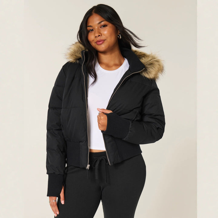 Women's Cropped Faux Fur Hood Quilted Puffer Jacket Zip-Up Winter Coat