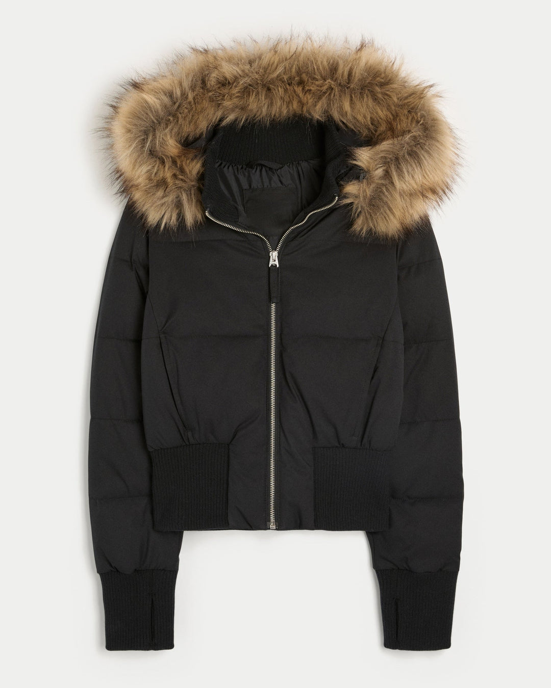 Women's Cropped Faux Fur Hood Quilted Puffer Jacket Zip-Up Winter Coat