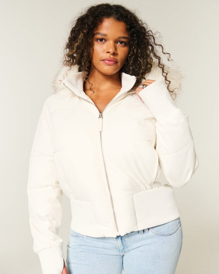 Women's Cropped Faux Fur Hood Quilted Puffer Jacket Zip-Up Winter Coat