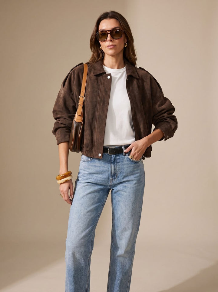 Women's Faux Suede Oversized Jacket Zip-Up Collared Drop-Shoulder Snap Bomber