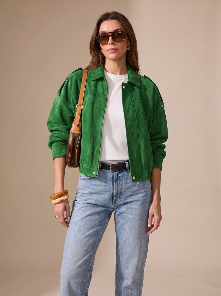 Women's Faux Suede Oversized Jacket Zip-Up Collared Drop-Shoulder Snap Bomber