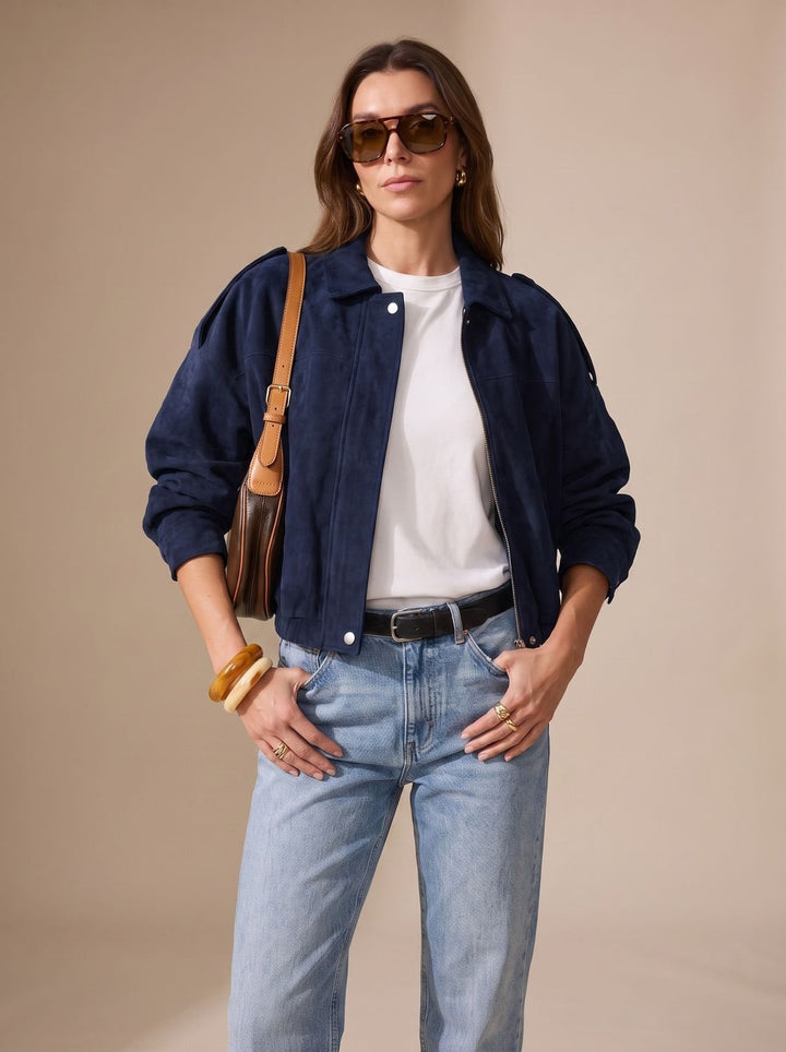 Women's Faux Suede Oversized Jacket Zip-Up Collared Drop-Shoulder Snap Bomber