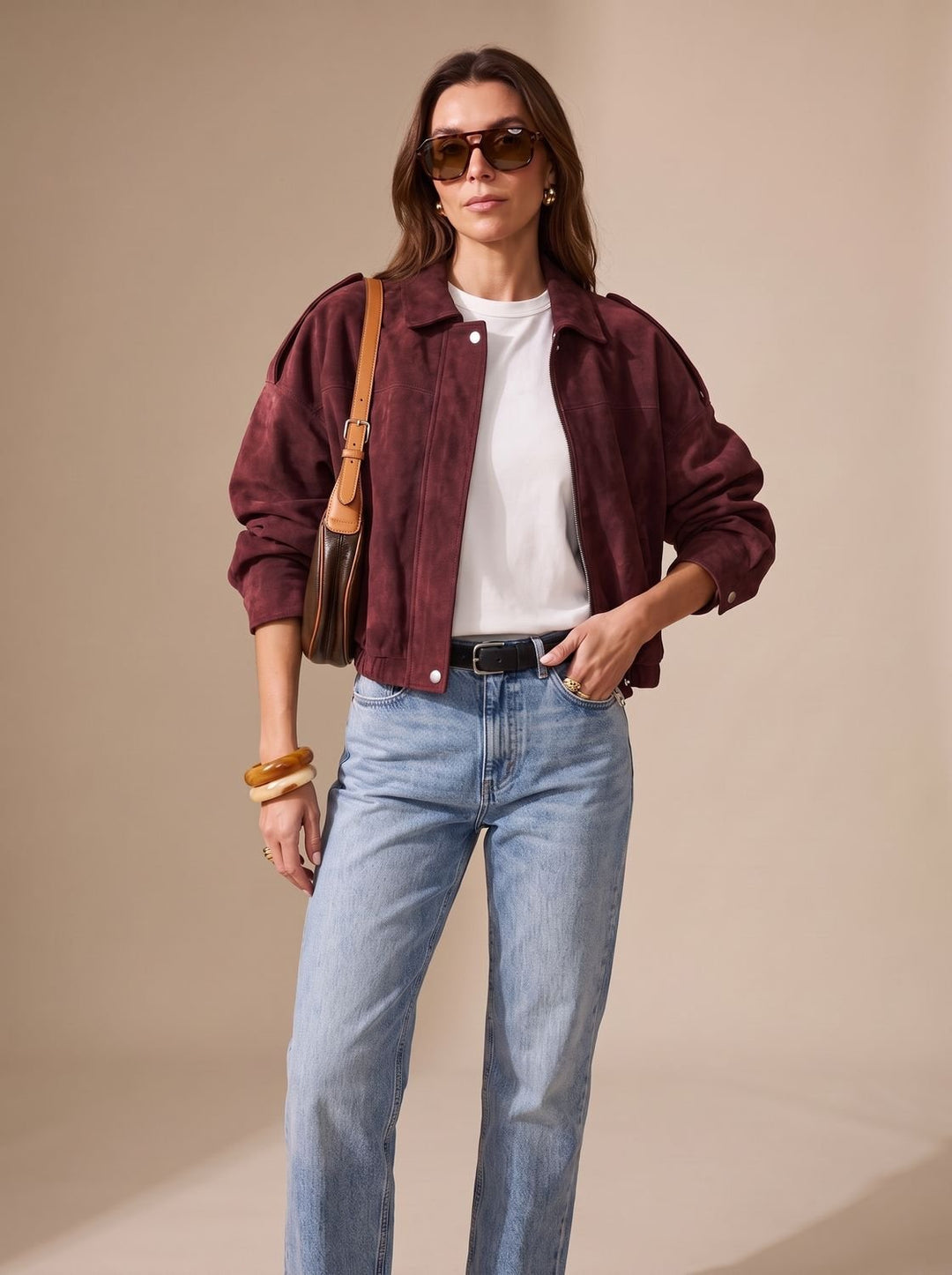 Women's Faux Suede Oversized Jacket Zip-Up Collared Drop-Shoulder Snap Bomber