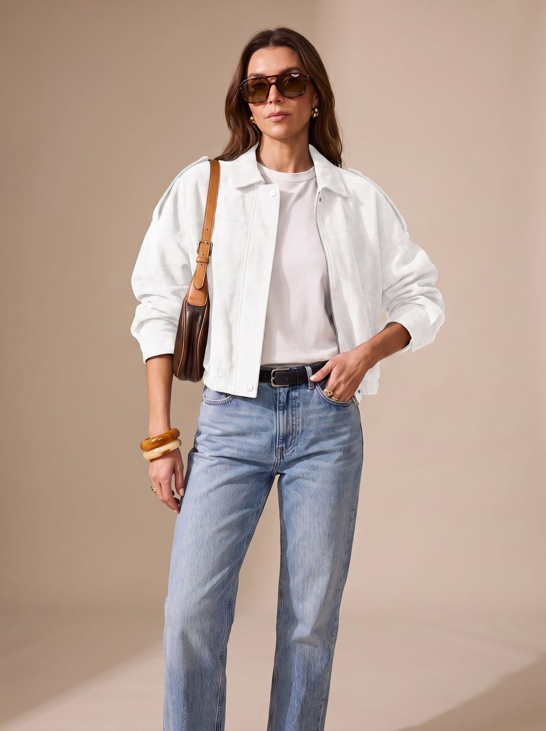 Women's Faux Suede Oversized Jacket Zip-Up Collared Drop-Shoulder Snap Bomber
