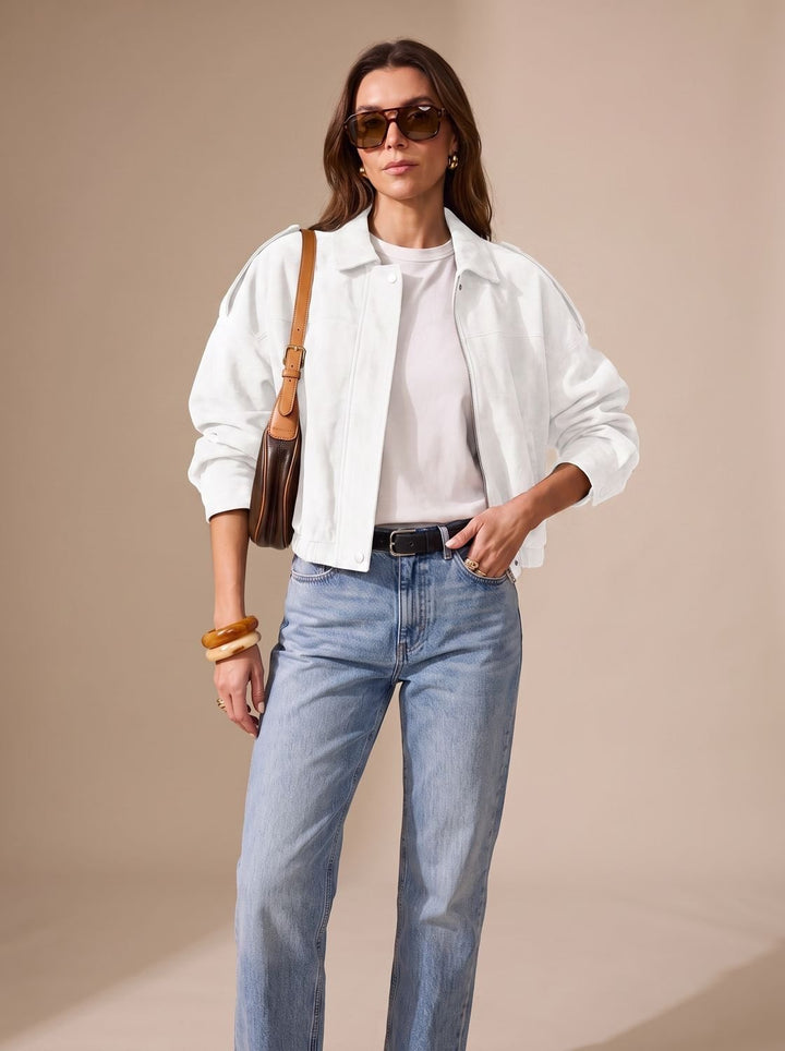 Women's Faux Suede Oversized Jacket Zip-Up Collared Drop-Shoulder Snap Bomber