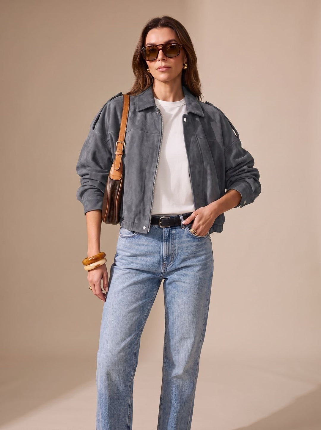 Women's Faux Suede Oversized Jacket Zip-Up Collared Drop-Shoulder Snap Bomber