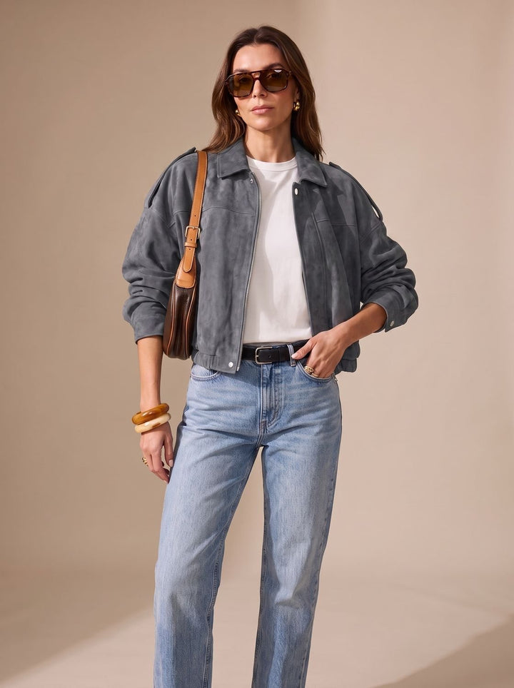 Women's Faux Suede Oversized Jacket Zip-Up Collared Drop-Shoulder Snap Bomber