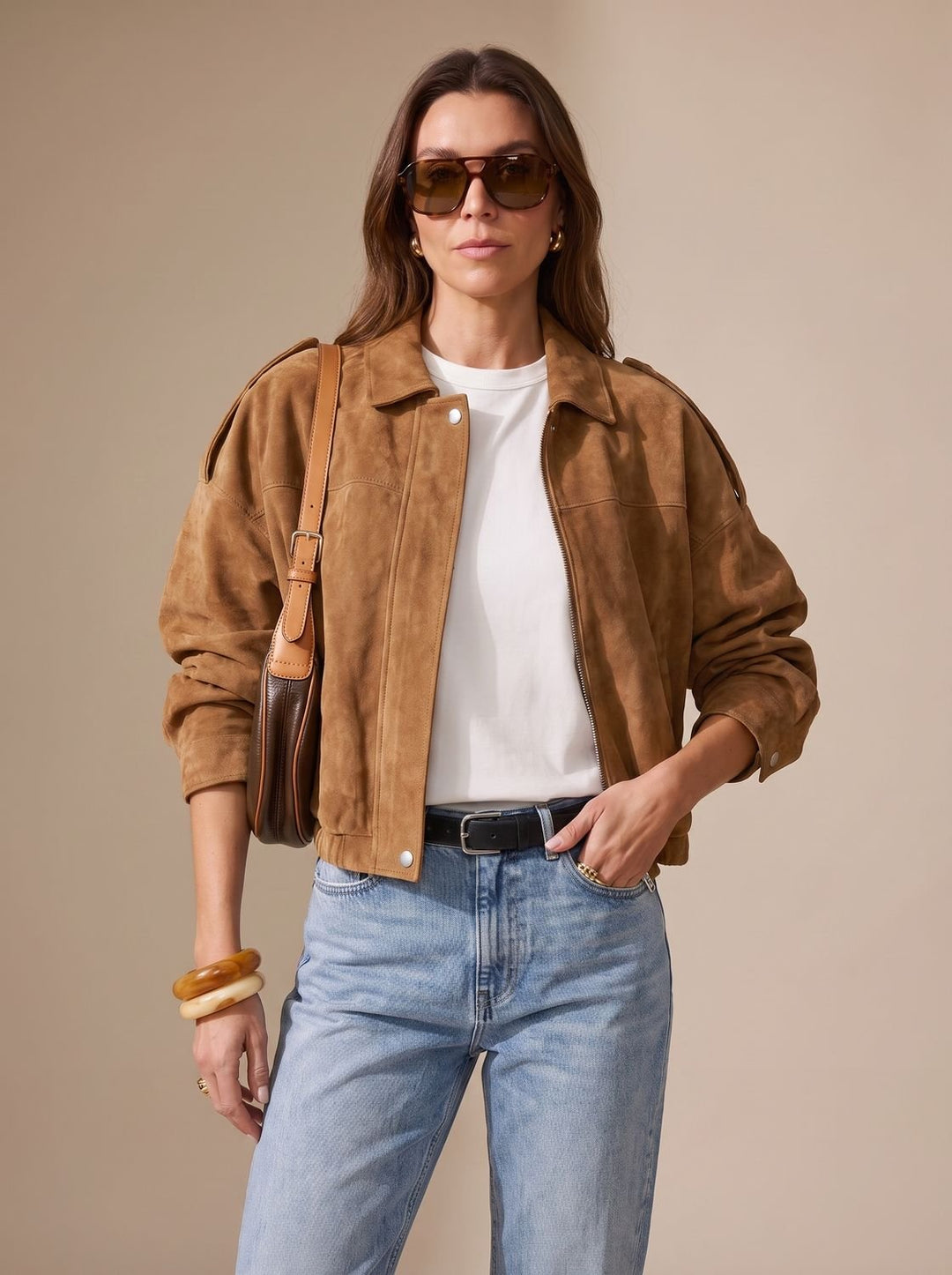 Women's Faux Suede Oversized Jacket Zip-Up Collared Drop-Shoulder Snap Bomber