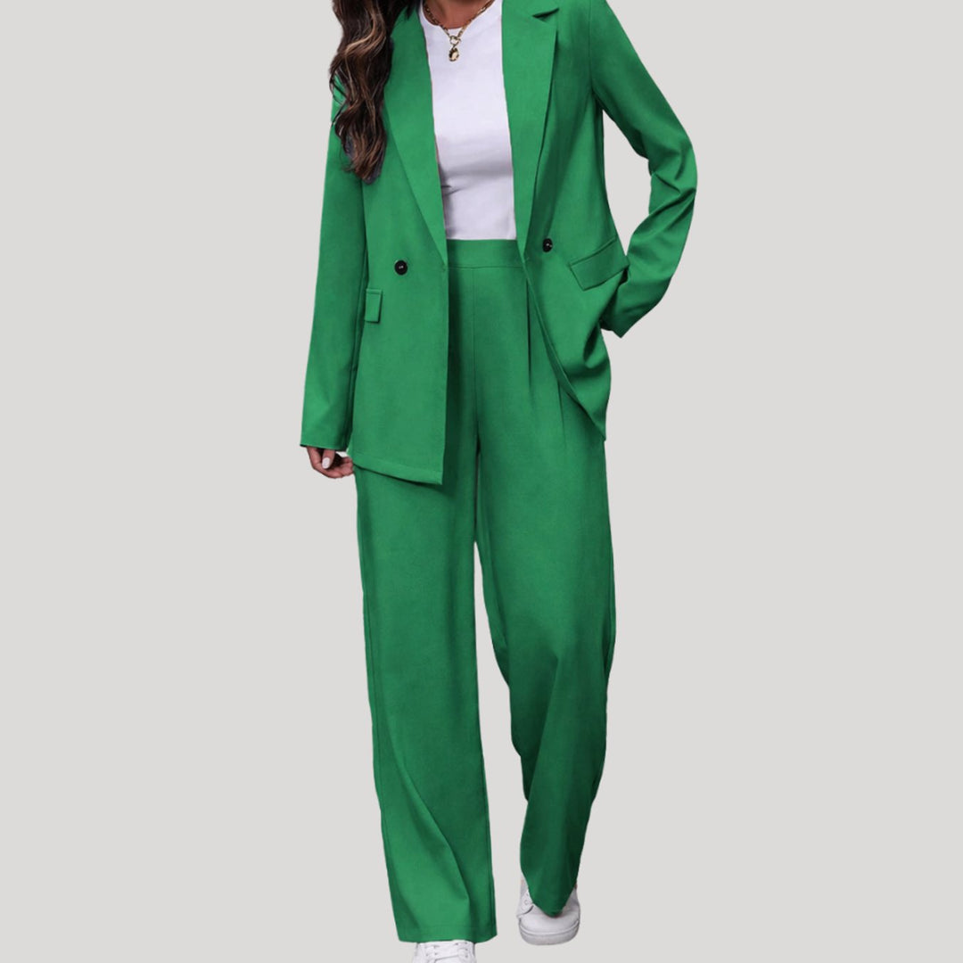 Women's Two-Piece Suit Set Double-Breasted Blazer Wide Leg Trousers Tailored