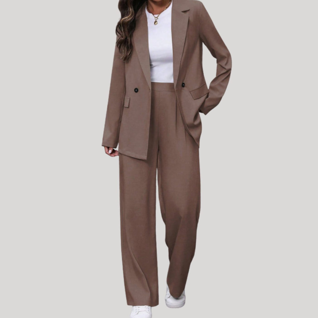 Women's Two-Piece Suit Set Double-Breasted Blazer Wide Leg Trousers Tailored