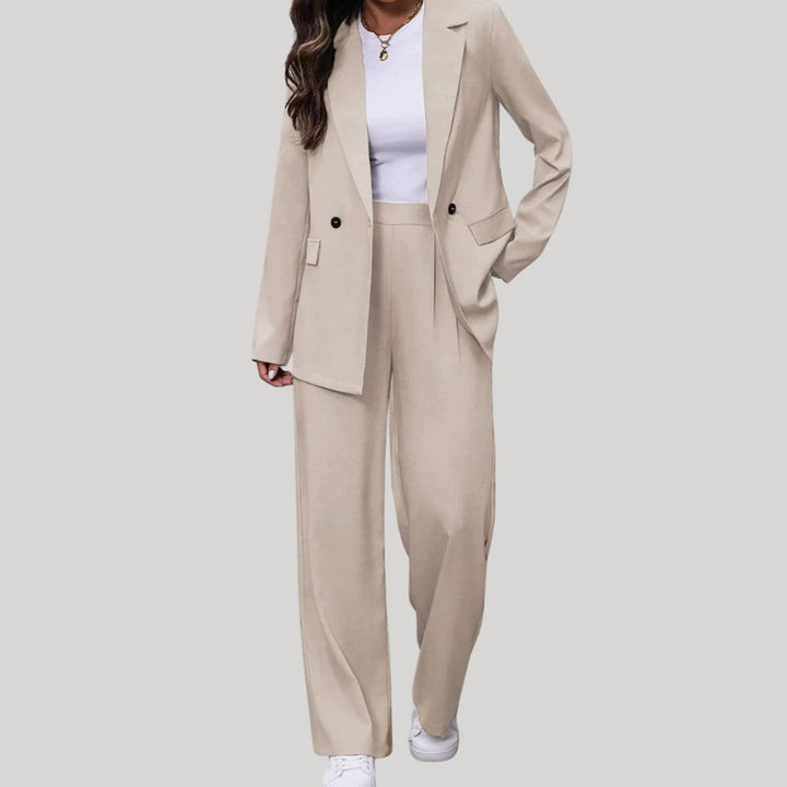 Women's Two-Piece Suit Set Double-Breasted Blazer Wide Leg Trousers Tailored