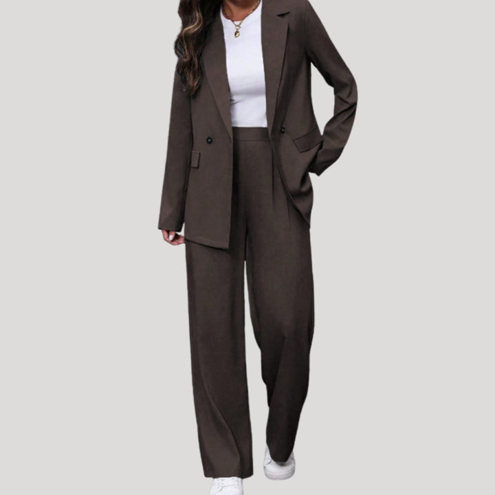 Women's Two-Piece Suit Set Double-Breasted Blazer Wide Leg Trousers Tailored