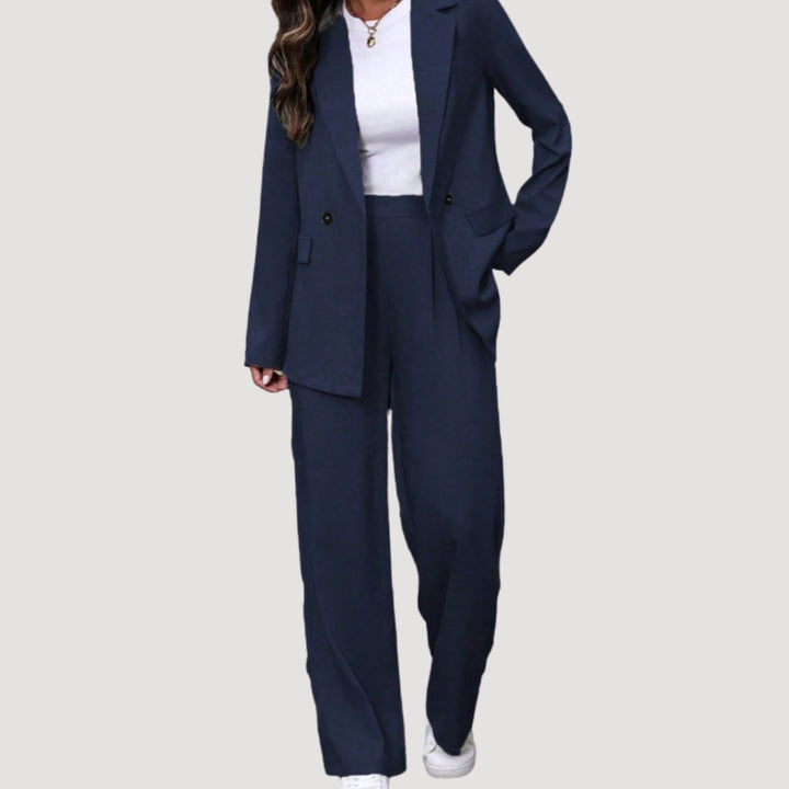 Women's Two-Piece Suit Set Double-Breasted Blazer Wide Leg Trousers Tailored