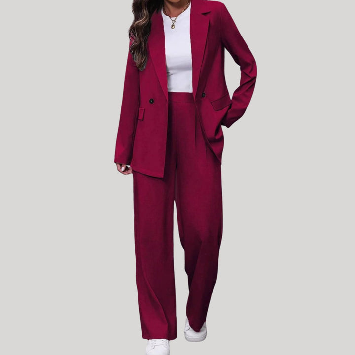 Women's Two-Piece Suit Set Double-Breasted Blazer Wide Leg Trousers Tailored