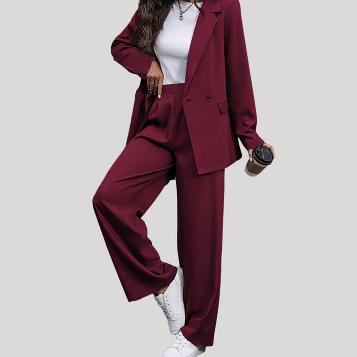 Women's Two-Piece Suit Set Double-Breasted Blazer Wide Leg Trousers Tailored