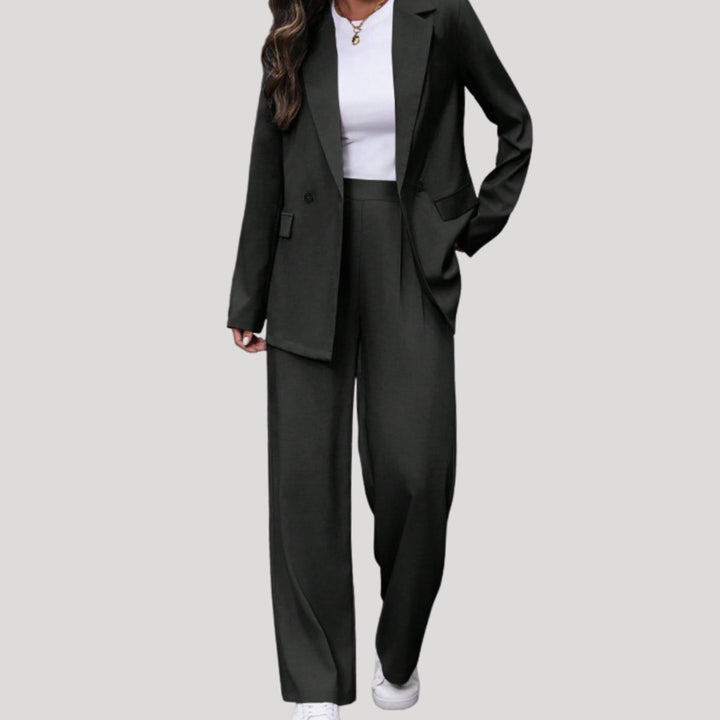 Women's Two-Piece Suit Set Double-Breasted Blazer Wide Leg Trousers Tailored
