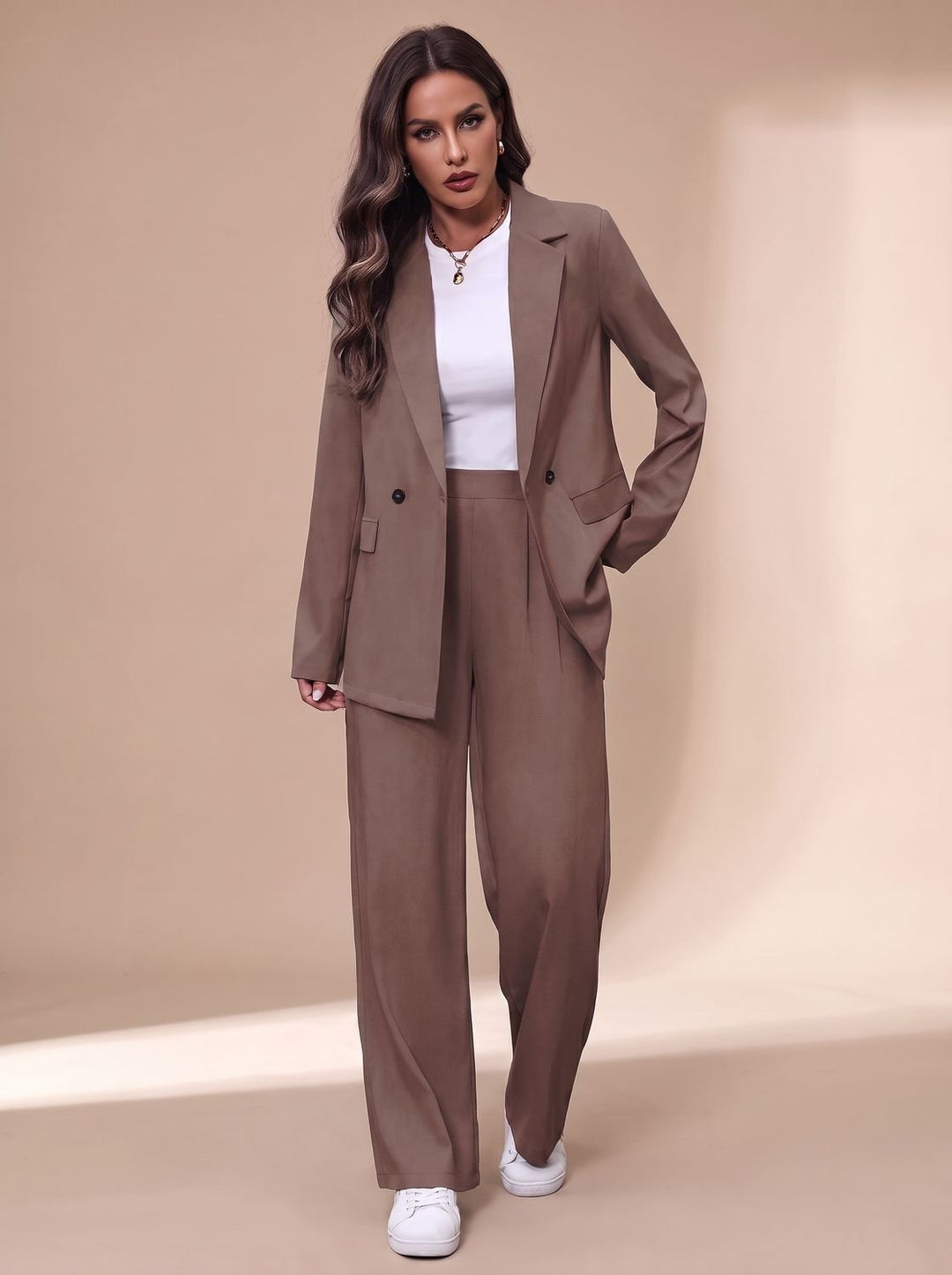 Women's Double-Breasted Suit Set Blazer Wide-Leg Pants Two-Piece Office