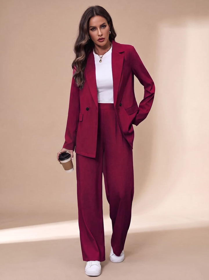Women's Double-Breasted Suit Set Blazer Wide-Leg Pants Two-Piece Office