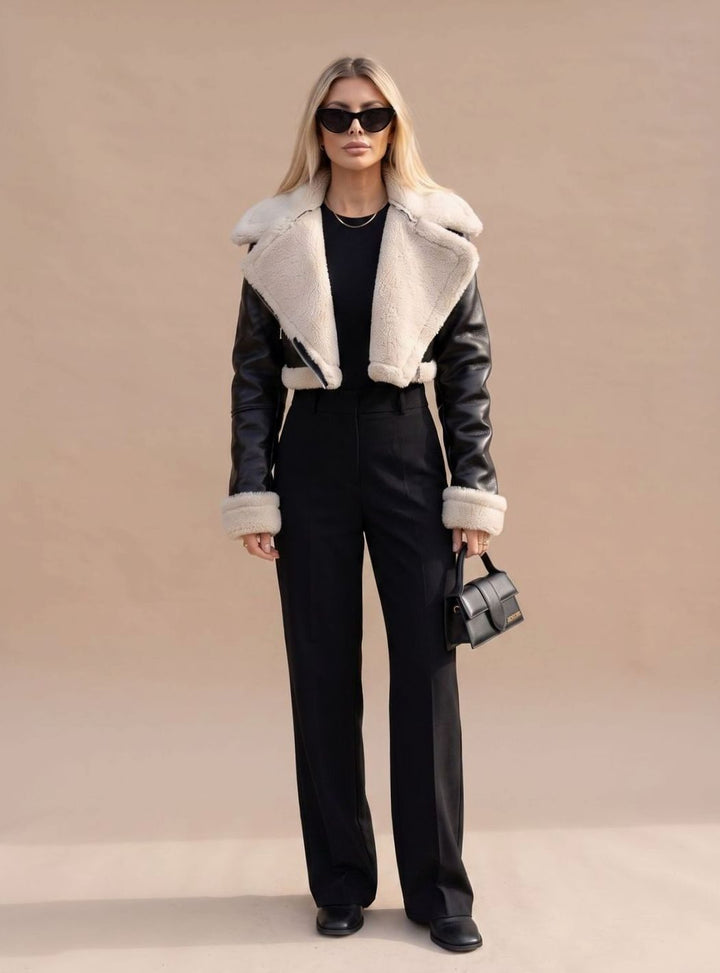 Women's Faux Leather Cropped Biker Jacket Sherpa Collar Fur-Cuff Zip