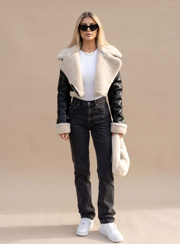 Women's Faux Leather Cropped Biker Jacket Sherpa Collar Fur-Cuff Zip