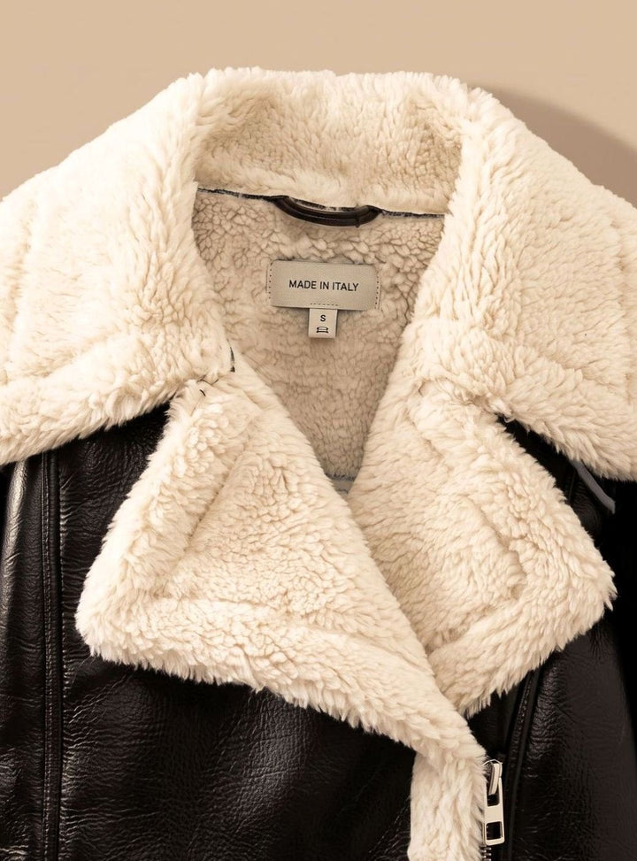 Women's Faux Leather Cropped Biker Jacket Sherpa Collar Fur-Cuff Zip
