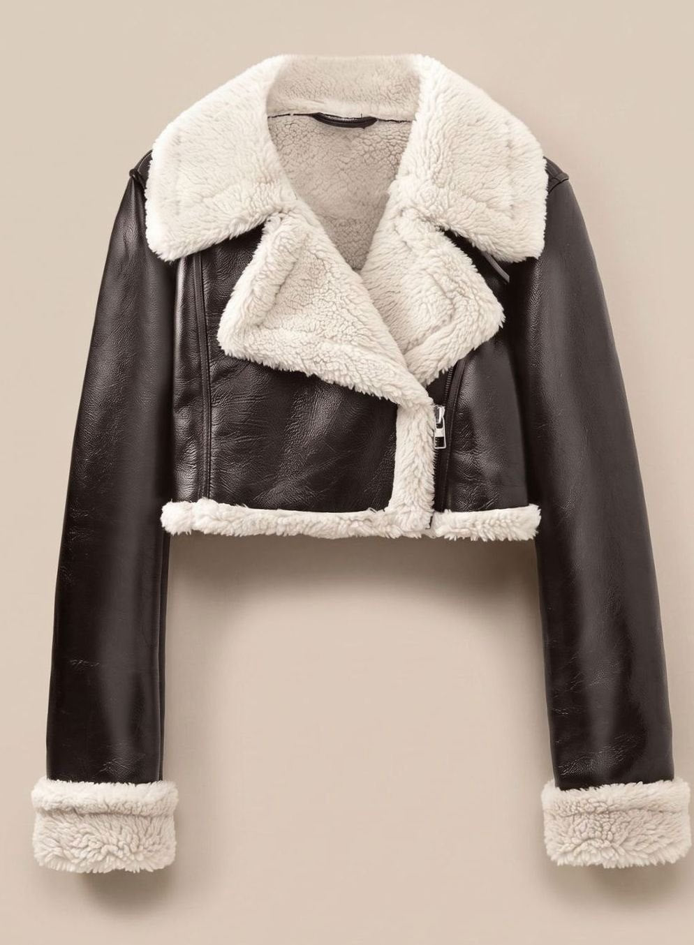 Women's Faux Leather Cropped Biker Jacket Sherpa Collar Fur-Cuff Zip