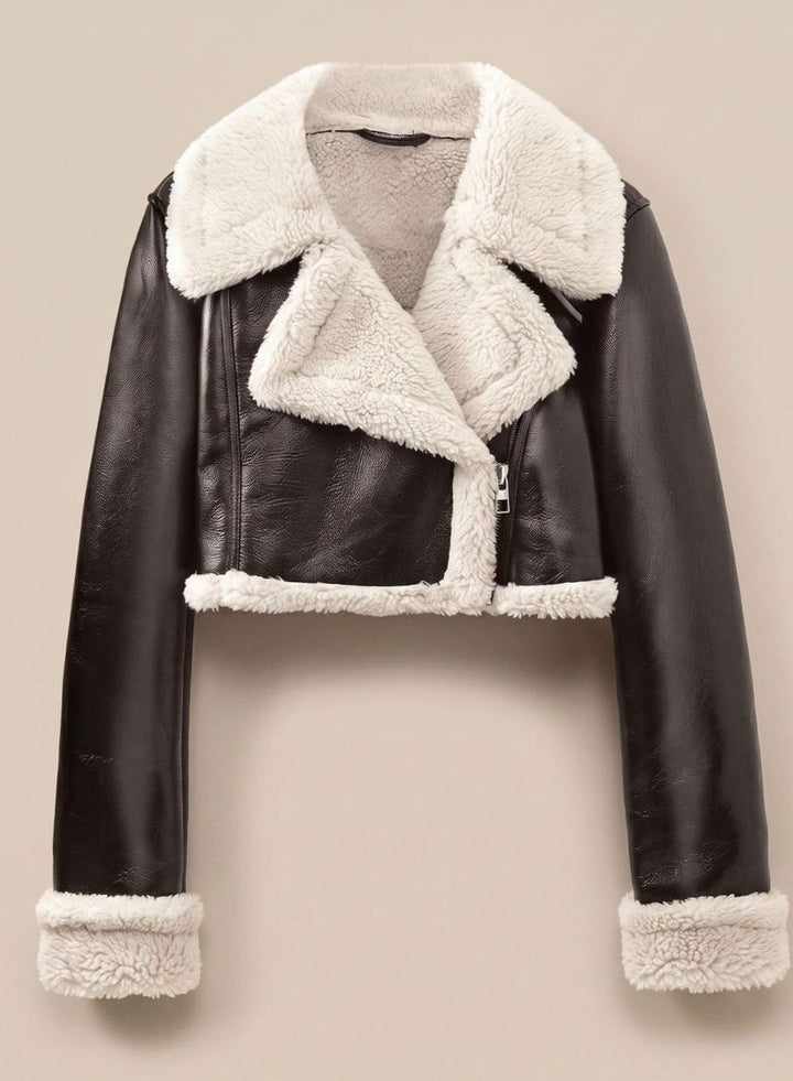 Women's Faux Leather Cropped Biker Jacket Sherpa Collar Fur-Cuff Zip