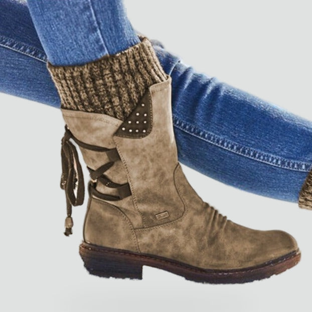 Women's Suede Knit Cuff Winter Boots Lace-Up Back Mid-Calf Warm-Lined