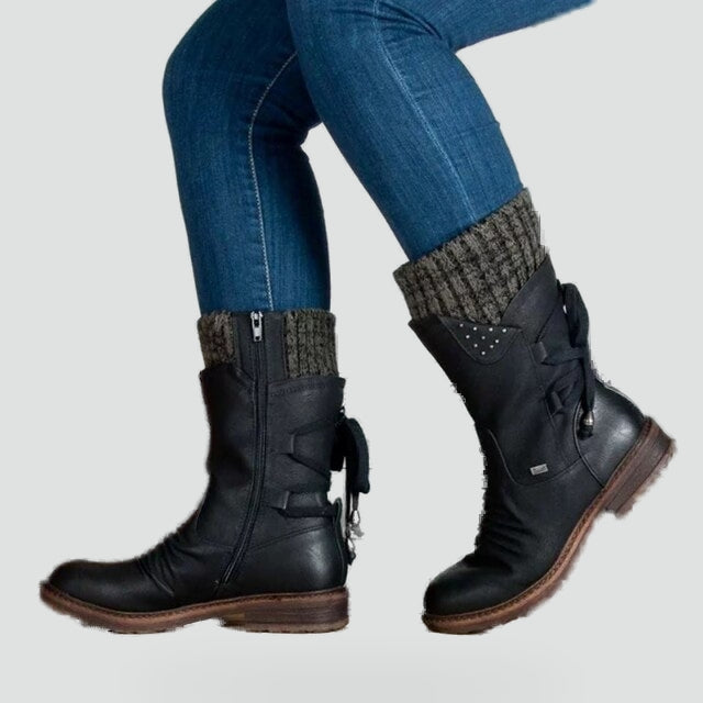 Women's Suede Knit Cuff Winter Boots Lace-Up Back Mid-Calf Warm-Lined